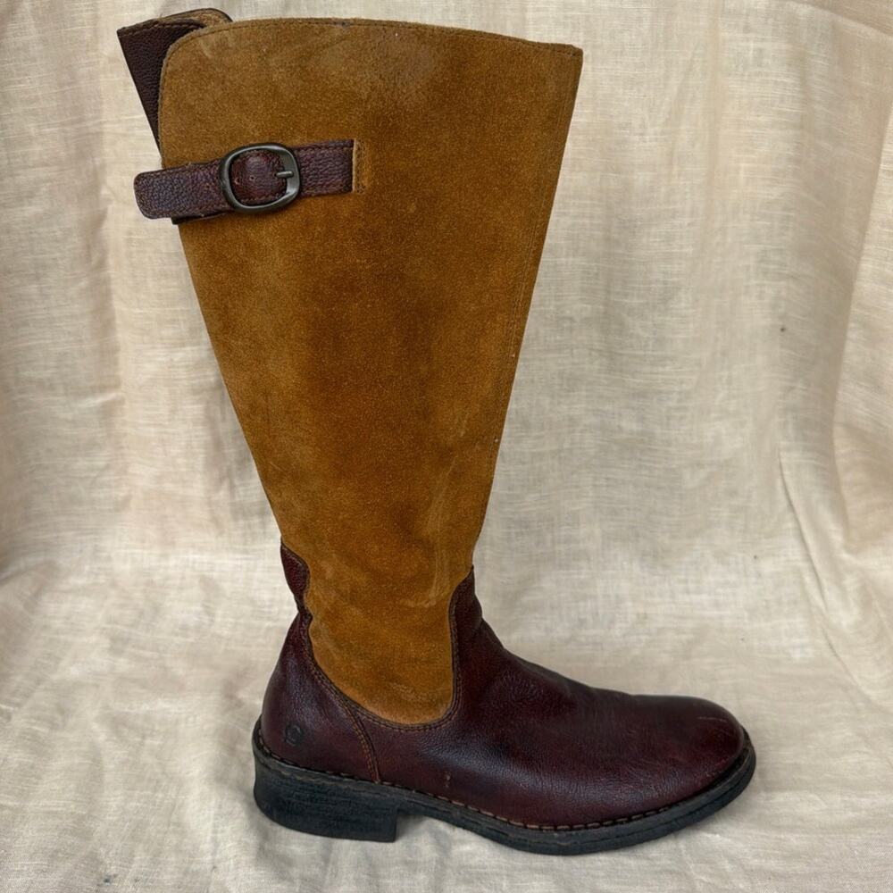 Born Boots 8.5 Brown Leather Suede Two Tone Riding Buckle Equestrian Crown Boret - Picture 1 of 9